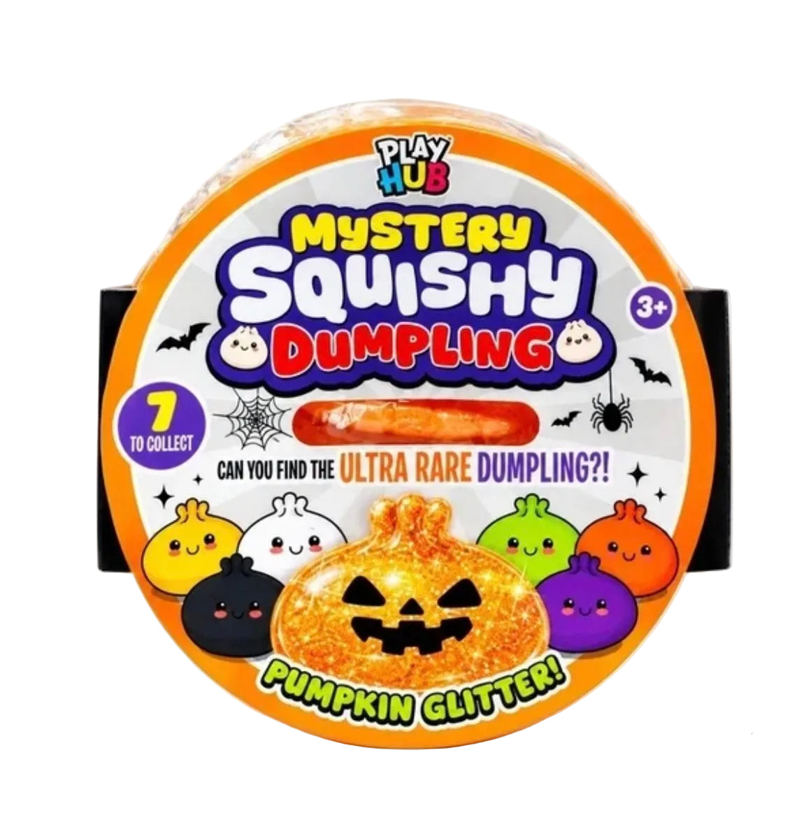 A round plastic tub of Play Hub Mystery Squishy Dumpling Halloween treat, featuring a pumpkin glitter dumpling inside, with a white background 