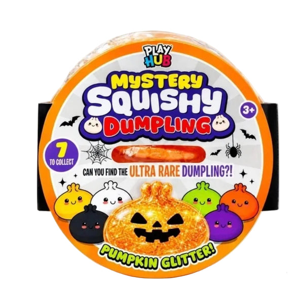 A round plastic tub of Play Hub Mystery Squishy Dumpling Halloween treat, featuring a pumpkin glitter dumpling inside, with a white background 