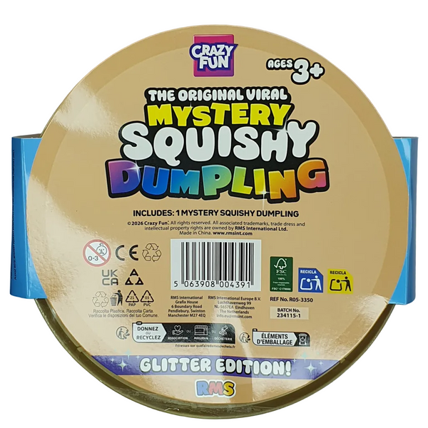 The front of the packaging for 'The Original Viral Mystery Squishy Dumpling' by Crazy Fun, in the Glitter Edition. The packaging is a large circular tan/beige disc with colorful text and a barcode, with blue cardboard sleeves visible on the left and right sides.