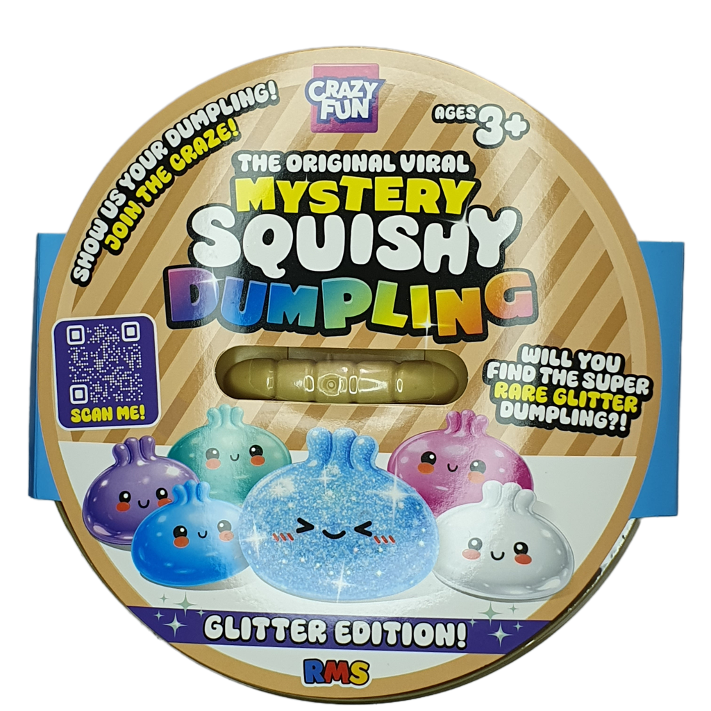 A round cardboard package for a toy product labeled 'The Original Viral Mystery Squishy Dumpling' with 'Glitter Edition!' text. The package shows cartoon dumpling characters in purple, blue, pink, and white, plus a small clear window revealing a yellowish squishy toy inside.