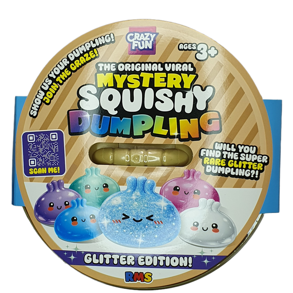 A round cardboard package for a toy product labeled 'The Original Viral Mystery Squishy Dumpling' with 'Glitter Edition!' text. The package shows cartoon dumpling characters in purple, blue, pink, and white, plus a small clear window revealing a yellowish squishy toy inside.