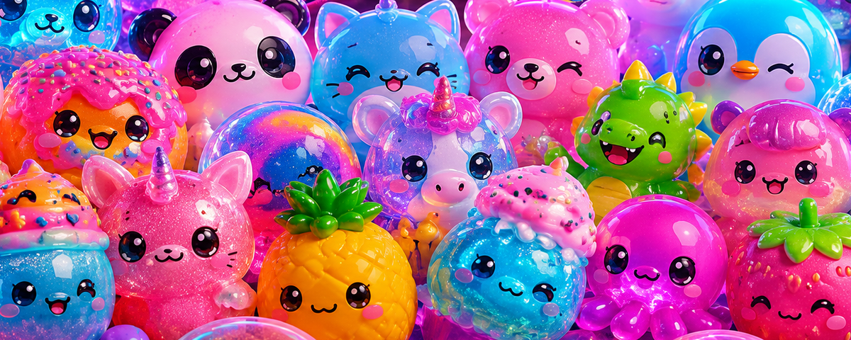  A colorful promotional collage of many Squishiverse plush toys and character figures, including unicorns, penguins, strawberries, and a pineapple, with the large Squishiverse logo at the top on a neon-lit background.